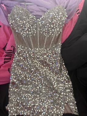 Beaded Strapless Sweetheart Mini Dress - Taupe with Crystal Embellishment